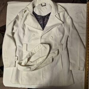 Joujou White‎ Double Breasted Wool Blend Peacoat Jacket Belted Lace Lining Large